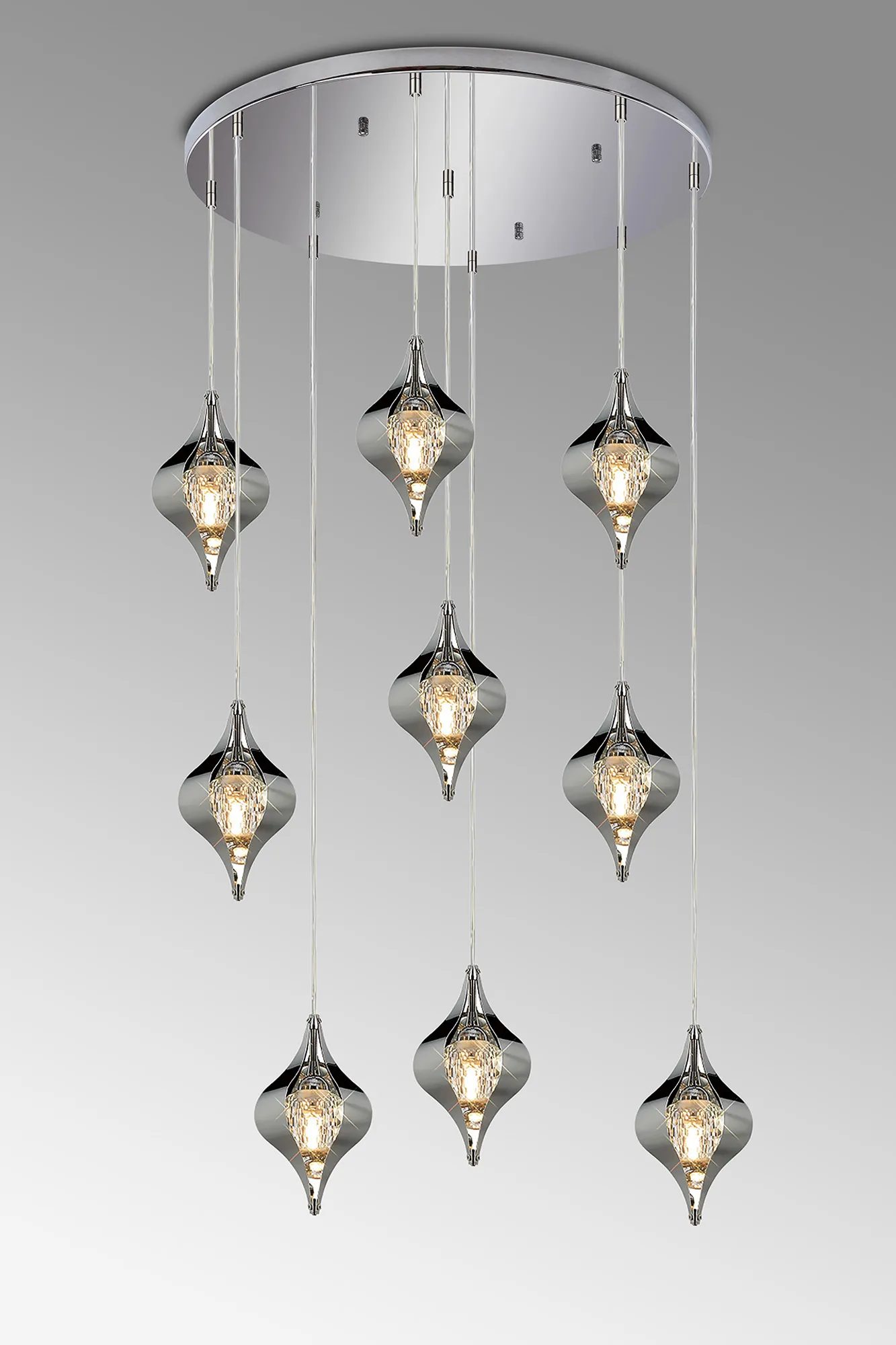 Amano 66cm Round Pendant, 9 Light Adjustable G9, Polished Chrome/Crystal IL31855CH  Diyas Amano